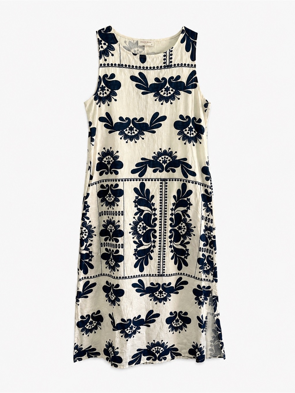 Spighe di Lino Italy Linen Cotton Navy Ivory Folk Floral Maxi Dress M